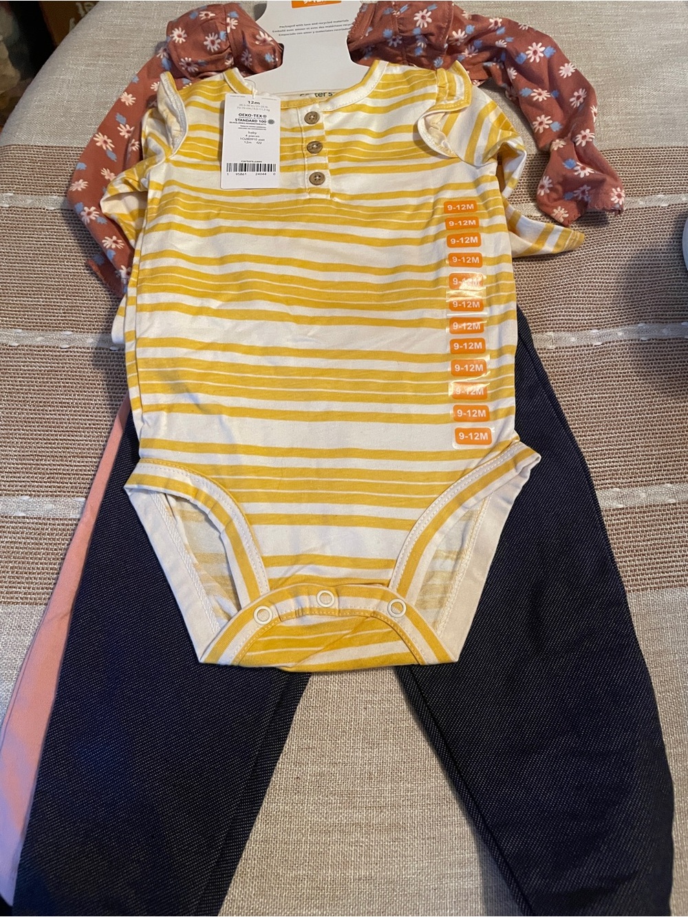 Yellow & White Striped Baby One-Piece Bodysuit w Pants & Floral Onsie w Pants